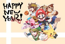  2015 6+boys :d amiibo animal_crossing blue_eyes blush cape chrom_(fire_emblem) commentary_request controller donkey_kong donkey_kong_(series) earrings facial_hair female fire_emblem fire_emblem_awakening fox_mccloud game_controller gamecube_controller gamepad grin handheld_game_console hat jandara_rin jewelry kid_icarus kirby kirby_(series) laurel_crown link looking_at_viewer mario mario_(series) metroid morph_ball moustache multiple_boys nintendo nintendo_3ds one_eye_closed open_mouth pikachu pit_(kid_icarus) playing_games pointy_ears pokemon pokemon_(creature) samus_aran signpost smile star_fox super_smash_bros. the_legend_of_zelda translation_request villager_(animal_crossing) wii_fit wii_fit_trainer wii_fit_trainer_(female) wii_remote wings 