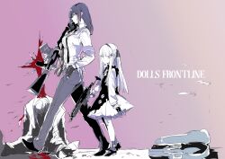  1boy 2girls age_difference aged_down armband assault_rifle blood blood_splatter cigarette commentary_request copyright_name death english_text fingerless_gloves girls&#039;_frontline gloves green_eyes gun h&amp;k_hk416 hk416_(black_kitty&#039;s_gift)_(girls&#039;_frontline) hk416_(girls&#039;_frontline) m16 m16a1 m16a1_(girls&#039;_frontline) magazine_(weapon) multiple_girls official_alternate_costume osakana_(denpa_yun&#039;yun) pants rifle shoes violin_case weapon yellow_eyes 