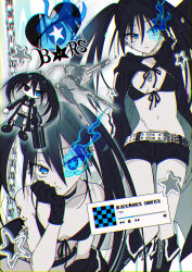  arm_behind_head arm_tattoo belt bikini bikini_top_only black_bikini black_choker black_footwear black_gloves black_hair black_jacket black_rock_shooter black_rock_shooter_(character) black_shorts blue_eyes boots breasts chains character_charm character_name charm_(object) choker chromatic_aberration cleavage colored_skin commentary copyright_name double-parted_bangs earrings english_text female flaming_eye front-tie_bikini_top front-tie_top gloves grey_skin hair_between_eyes hand_on_own_chin heart highres jacket jewelry key long_hair midriff multiple_earrings multiple_views music_player navel shorts silver_earrings small_breasts sodapop_(iemaki) star-shaped_pupils star_(symbol) stitched_torso stitches studded_belt swimsuit symbol-only_commentary symbol-shaped_pupils tattoo twintails uneven_twintails white_belt zipper zipper_footwear 