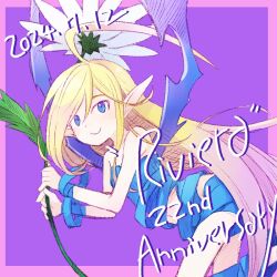  2024 ahoge anniversary bandaged_wrist bandages bare_shoulders blonde_hair blue_eyes closed_mouth commentary cowboy_shot dated fairy flower holding holding_flower huge_ahoge long_hair loose_bandages naked_bandage navel pointy_ears purple_background riviera tobe_sunaho very_long_hair wings 