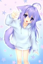  :3 absurdres ahoge animal_ear_fluff animal_ears artist_name cat_ears cat_girl cat_tail feet_out_of_frame female hair_intakes hand_up highres hood hood_down hoodie kigidere long_sleeves looking_at_viewer no_pants open_mouth original purple_eyes purple_hair signature smile solo standing star_(symbol) starry_background tail white_hoodie 