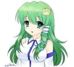  artist_name bare_shoulders blue_trim breasts collared_shirt commentary detached_sleeves english_commentary female frog_hair_ornament green_eyes green_hair hair_ornament highres kigidere kochiya_sanae long_hair looking_at_viewer medium_breasts open_mouth shirt signature simple_background sleeveless sleeveless_shirt snake_hair_ornament solo touhou upper_body white_background white_shirt white_sleeves 