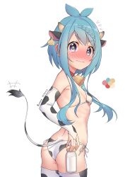  absurdres animal_ears animal_print bell bikini blue_hair blush cow_ears cow_horns cow_print cow_print_bikini cow_tail cowbell female flat_chest highres horns mahiru_(princess_connect!) milk panties princess_connect! print_bikini ribs ruinone side-tie_panties swimsuit tail underwear 