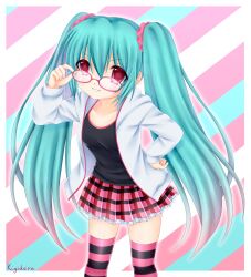  absurdres adjusting_eyewear alternate_costume alternate_eye_color aqua_hair artist_name bespectacled black_shirt border breasts feet_out_of_frame female frilled_skirt frills glasses hand_on_own_hip hand_up hashtag-only_commentary hatsune_miku highres jacket kigidere long_hair long_sleeves looking_at_viewer miniskirt open_clothes open_jacket outside_border pink-framed_eyewear pink_thighhighs plaid_clothes plaid_skirt pleated_skirt red_eyes shirt signature skirt small_breasts smile solo standing striped_background striped_clothes striped_thighhighs thighhighs twintails very_long_hair vocaloid white_border white_jacket zettai_ryouiki 