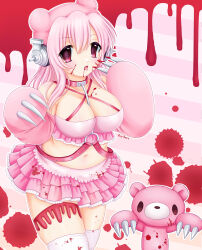  absurdres artist_name bear bear_girl blood blood_on_clothes blood_on_face blood_splatter breasts claws cowboy_shot crop_top female headphones highres kigidere large_breasts long_hair looking_at_viewer midriff miniskirt navel nitroplus pink_eyes pink_hair pink_skirt plump signature skindentation skirt solo standing super_sonico thighhighs tongue tongue_out 