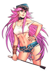  black_collar blue_eyes bracelet breasts chains cleavage collar collarbone contrapposto cowboy_shot crop_top cropped_legs cuffs denim denim_shorts female final_fight handcuffs hat highres jewelry kasia_nie long_hair medium_breasts micro_shorts midriff navel open_fly peaked_cap pink_hair pink_nails poison_(final_fight) riding_crop shorts solo tank_top third-party_source very_long_hair watermark white_tank_top 