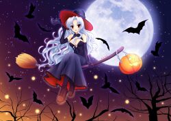  artist_name bare_shoulders bare_tree bat_(animal) blue_hair boots breasts broom broom_riding brown_footwear commentary dress elbow_gloves english_commentary female fireflies full_moon gloves halloween hand_on_headwear hand_up hat highres jack-o&#039;-lantern kigidere light_blue_hair long_dress long_hair looking_at_viewer medium_breasts moon night open_mouth original outdoors purple_gloves purple_hat red_eyes sitting sky smile solo star_(sky) starry_sky strapless strapless_dress tree very_long_hair wavy_hair witch witch_hat 