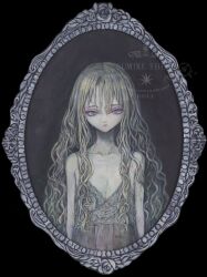  acrylic_paint_(medium) bare_shoulders blonde_hair collarbone commentary_request expressionless female flat_chest highres long_hair looking_at_viewer nightgown original painting_(medium) pale_skin picture_frame pink_eyes solo sumire_shisei traditional_media wavy_hair wet white_nightgown 