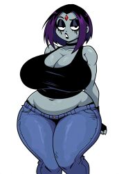  1girls ai_generated alternate_breast_size belly black_lipstick dc emo female female_only huge_ass huge_breasts jeans makeup makeup_running midriff raven_(dc) solo tank_top teen_titans wide_hips 