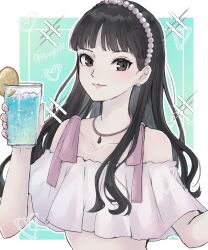  amagi_yukiko aqua_background black_hair border brown_eyes chako_(p4amg1208) closed_mouth collarbone cup earrings eyelashes female food fruit glass heart highres holding holding_cup jewelry lemon lemon_slice long_hair necklace off_shoulder outside_border pearl_earrings pearl_hairband persona persona_4 pink_lips simple_background smile solo sparkle upper_body white_border 