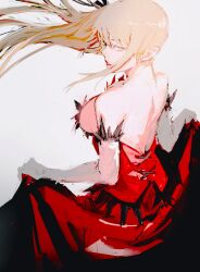  ._(kometto333) bare_back bare_shoulders blonde_hair breasts cleavage collarbone dress elbow_gloves feather-trimmed_dress feather-trimmed_gloves feather_trim female gloves hair_ribbon highres holding holding_clothes holding_dress kiss-shot_acerola-orion_heart-under-blade kizumonogatari large_breasts long_hair looking_at_viewer monogatari_(series) oshino_shinobu pointy_ears red_dress ribbon simple_background solo strapless vampire very_long_hair white_background white_gloves yellow_eyes 