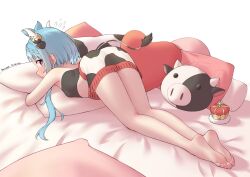  absurdres animal_print barefoot blue_hair cow_print feet female flat_chest highres mahiru_(princess_connect!) on_bed princess_connect! ruinone tail top-down_bottom-up 