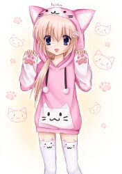  :3 animal_ear_legwear animal_hood artist_name blonde_hair blue_eyes cat_ear_legwear cat_hood drawstring female hair_over_shoulder hands_up highres hood hoodie kigidere long_hair long_sleeves looking_at_viewer open_mouth original paw_hair_ornament paw_print paw_sleeves pinching_sleeves pink_hoodie pom_pom_(clothes) ponytail smile solo standing thighhighs white_thighhighs 