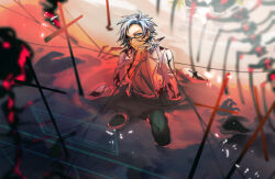  1boy blood blood_on_clothes blue_eyes closed_mouth fengtian_(artist) glasses green_pants grey_hair grey_shirt highres holding holding_paper_airplane kanou_aogu lab_coat long_sleeves male_focus open_clothes pants paper_airplane partially_submerged saibou_shinkyoku shirt sitting smile solo 