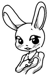  2024 aliasing anthro big_eyes big_head black_and_white black_line_art blush blush_lines bust_portrait clothed clothing digital_media_(artwork) female flat_chested hi_res holding_hook holding_object holding_weapon ilovevibri lagomorph leporid long_ears looking_at_viewer mammal meat_hook monochrome open_mouth portrait rabbit ruby_(rq) ruby_quest shirt simple_background solo tank_top three-quarter_view topwear weapon white_background 