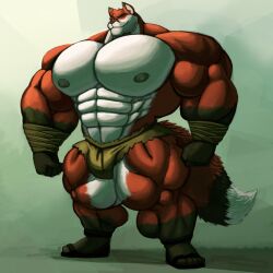  2020 abs anthro arm_wraps big_muscles bottomwear canid canine clothing footwear fox fur hi_res male mammal multicolored_body muscular muscular_anthro muscular_male nipples pants pecs red_body red_fur sandals silver-stag simple_background solo tail teofacio_larna wraps 