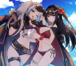  2girls belt bikini black_coat black_hair blue_sky blunt_bangs bracelet breasts brown_eyes brown_gloves cape cleavage cloud cloudy_sky coat cup fire_emblem fire_emblem_awakening fire_emblem_heroes flower gatona gloves grey_hair hair_flower hair_ornament hibiscus highres holding holding_cup jewelry large_breasts long_hair looking_at_viewer medium_breasts multiple_girls navel o-ring o-ring_bikini official_alternate_costume one_eye_closed purple_bikini red_bikini red_flower robin_(female)_(fire_emblem) robin_(female)_(summer)_(fire_emblem) robin_(fire_emblem) sky starfish sunlight swimsuit tharja_(fire_emblem) tharja_(summer)_(fire_emblem) thigh_strap tiara twintails 