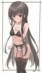  :| absurdres arm_at_side bare_arms black_bra black_hair black_thighhighs blush bra breasts clenched_hand closed_mouth collarbone commentary_request embarrassed feet_out_of_frame female full-face_blush garter_belt garter_straps green_eyes hair_between_eyes hand_up highres lingerie long_hair looking_at_viewer natsume_ai navel panties sakura_no_toki simple_background small_breasts solo split_mouth standing straight_hair sweat sweatdrop takoyaki032002 thighhighs thighs tsurime underwear underwear_only very_long_hair white_background white_panties 