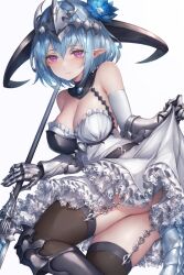  bare_shoulders blue_hair breasts dress female filene_(shadowverse) gauntlets granblue_fantasy highres holding holding_weapon horns large_breasts pointy_ears purple_eyes shadowverse snm_(sunimi) solo thighhighs weapon white_background white_dress 