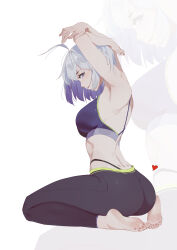  absurdres ahoge arms_behind_head arms_up bare_back barefoot black_leggings blue_eyes blue_sports_bra blush breasts dimples_of_venus female from_behind full_body high-waist_panties highres leggings looking_at_viewer looking_back median_furrow medium_breasts open_mouth plantar_flexion pugongying qq_dance shoulder_blades simple_background smile soles solo sports_bra stretching virtual_youtuber white_background white_hair xingtong zoom_layer 