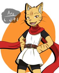  agata_(arc_rose) anthro arc_rose belt clothed clothing domestic_cat felid feline felis female hands_on_hips long_shirt looking_at_viewer mammal open_mouth scarf smile whiskers 