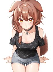  :t animal_ears animal_print bare_shoulders black_shirt blue_shorts blush bone_print breasts brown_eyes brown_hair choker cleavage clothing_cutout commentary_request denim denim_shorts dog_ears dog_print dog_tail double-parted_bangs extra_ears female hair_between_eyes hair_ornament hair_over_shoulder highres hololive inugami_korone inugami_korone_(loungewear) jewelry kamineko_(kamineko9675) large_breasts leaning_forward long_hair looking_at_viewer o-ring o-ring_choker off-shoulder_shirt off_shoulder official_alternate_costume official_alternate_hairstyle pendant pom_pom_(clothes) pom_pom_hair_ornament pout print_shirt shirt short_shorts shorts shoulder_cutout simple_background solo tail transparent_background variant_set virtual_youtuber 