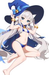  absurdres barefoot bell bikini blue_bikini blue_cape blue_eyes blush breasts cape character_request closed_mouth commission feet female grey_hair hands_on_headwear hat highres jingle_bell large_hat long_hair looking_at_viewer mearyo navel original small_breasts smile solo stomach swimsuit toes twintails white_background witch_hat 