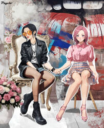  2girls artist_name between_legs black_footwear black_hair black_jacket black_nails bow brown_eyes brown_hair ear_piercing fishnet_pantyhose fishnets hand_between_legs highres holding_hands jacket jewelry komatsu_nana leather leather_jacket lipstick looking_at_viewer makeup multiple_girls nana_(series) necklace osaki_nana pantyhose piercing pink_bow pink_shirt psyclopathe sandals shirt short_hair short_sleeves shorts sitting striped_clothes striped_shirt sunglasses white_shirt wrist_belt 