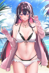  azki_(hololive) beach bikini black_hair blush breasts colored_inner_hair female highres hiiragi_melt hololive jacket large_breasts layered_bikini lens_flare long_hair mole mole_under_eye multicolored_hair navel ocean pink_hair pink_jacket pink_nails purple_eyes swimsuit virtual_youtuber white_bikini 