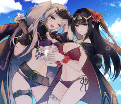  2girls belt bikini black_coat black_hair blue_sky blunt_bangs bracelet breasts brown_eyes brown_gloves cape cleavage cloud cloudy_sky coat cup fire_emblem fire_emblem_awakening fire_emblem_heroes flower gatona gloves grey_hair hair_flower hair_ornament hibiscus highres holding holding_cup jewelry large_breasts long_hair looking_at_viewer medium_breasts multiple_girls navel o-ring o-ring_bikini official_alternate_costume one_eye_closed purple_bikini red_bikini red_flower robin_(female)_(fire_emblem) robin_(female)_(summer)_(fire_emblem) robin_(fire_emblem) sky starfish sunlight swimsuit tharja_(fire_emblem) tharja_(summer)_(fire_emblem) thigh_strap tiara twintails 