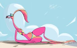  anthro avian avian_feet beach beak bikini bird brand_new_animal breasts cleavage clothed clothing cloud feather_hair feather_hands feathers female flamingo hat headgear headwear jonathanchimney pink_body pink_feathers pseudo_hair reclining sand solo studio_trigger swimwear the_pink_flamingos_(brand_new_animal) thick_thighs two-piece_swimsuit wide_hips windspan 