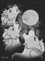  ais05 anthro braided_hair canid canine canis closed_eyes cosmic_background female fur grey_body grey_fur hair hi_res howl inner_ear_fluff mammal meme monochrome moon parody solo starry_background three_wolf_moon tuft white_body white_fur wolf ylva 