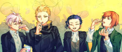  4boys arms_behind_back ascot black_jacket black_vest blonde_hair blue_hair brown_hair brown_vest closed_eyes collared_shirt cup dark_blue_hair drinking earrings fengtian_(artist) harada_mutei high_collar highres holding holding_cup holding_spoon jacket jewelry layered_sleeves long_sleeves male_focus multiple_boys one_eye_closed open_clothes open_jacket open_mouth pill pill_on_tongue pink_hair red_eyes rumeld_othmayer saibou_shinkyoku shirt short_hair spoon theodore_riddle two-sided_fabric two-sided_jacket upper_body utsugi_rangiri vest vial white_ascot white_shirt wide_sleeves 