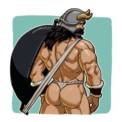  1boy alternate_muscle_size artist_request ass bara beard dungeon_meshi dwarf facial_hair fake_horns from_behind fundoshi helmet horned_helmet horns japanese_clothes long_beard looking_at_viewer looking_back male_focus mature_male moustache muscular muscular_male senshi_(dungeon_meshi) solo standing thick_mustache thick_thighs thighs triceps very_long_beard wok 