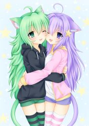  2girls absurdres ahoge animal_ear_fluff animal_ears artist_name black_hoodie cat_ears cat_girl cat_tail cheek-to-cheek dimden_(character) drawstring green_eyes green_hair green_shorts green_thighhighs hair_intakes hair_ornament heads_together highres hood hood_down hoodie hug jacket kigidere long_hair long_sleeves multiple_girls one_eye_closed open_clothes open_jacket open_mouth original pink_jacket pink_thighhighs purple_eyes purple_hair purple_shorts shirt short_shorts shorts smile standing star_(symbol) star_hair_ornament striped_clothes striped_thighhighs tail thighhighs very_long_hair white_shirt 