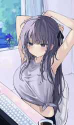  absurdres armpits arms_behind_head arms_up bare_arms black_ribbon blunt_bangs blush breasts closed_mouth coffee coffee_mug computer_keyboard cup curtains desk expressionless female flower grey_shirt hair_ribbon half-closed_eyes highres indoors large_breasts long_hair looking_ahead midriff mole mole_under_eye mug navel on_chair original purple_eyes purple_hair ribbon shirt sitting sleeveless sleeveless_shirt solo stretching tied_shirt upper_body window yukari_(rihenara_doll) 