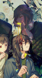  3boys beard_stubble black_vest blood blood_on_face blue_bow bow braid brown_hair closed_mouth collared_shirt facial_hair fengtian_(artist) glasses green_jacket green_shirt grey_jacket hairbow harada_kazaru harada_minoru harada_mutei highres holding holding_pen jacket long_sleeves male_focus multiple_boys open_clothes open_jacket pen red_eyes saibou_shinkyoku shirt short_hair side_braid single_braid stubble vest white_shirt 