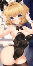  animal_ears antenna_hair aqua_eyes bare_shoulders black_bow black_bowtie black_leotard black_thighhighs blonde_hair blush bow bowtie commission cowboy_shot detached_collar fake_animal_ears fake_tail female hair_ornament highres indie_virtual_youtuber jun_(aousa0328) leotard looking_at_viewer maream_lobalt open_mouth playboy_bunny pointy_ears rabbit_ears rabbit_pose rabbit_tail second-party_source skeb_commission solo strapless strapless_leotard tail thighhighs virtual_youtuber wrist_cuffs 