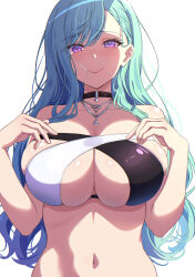  asymmetrical_bangs bikini black_bikini black_choker blue_hair breasts chain_necklace chains choker closed_mouth cross-laced_bikini cross-laced_clothes female hair_behind_ear hair_in_own_mouth highres jewelry large_breasts long_hair looking_at_viewer multicolored_bikini multicolored_clothes multiple_necklaces navel necklace purple_eyes simple_background skindentation smile solo stomach strapless strapless_bikini swept_bangs swimsuit tomotomo_(awai) two-tone_bikini underboob upper_body virtual_youtuber vspo! white_background white_bikini yakumo_beni yakumo_beni_(3rd_anniversary) 