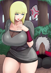  1boy 1girls adult age_difference begging begging_for_sex begging_pose blonde_hair blunt_bangs bob_cut busty donaora889 embarrassed female forest fully_clothed huge_breasts interracial kneeling large_breasts long_hair male/female mature mature_female naruto naruto_(series) naruto_shippuden nature older_female omoi on_knees outdoors samui teenager voluptuous younger_male 