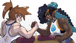  2girls abs absurdres arm_wrestling asymmetrical_hair back bare_arms big_hair clenched_teeth creatures_(company) dark-skinned_female dark_skin dreadlocks earrings female female_only game_freak hair_tie highres jewelry juno_son kasumi_(pokemon) long_hair multicolored_hair multiple_girls muscle muscular muscular_female nessa_(pokemon) nintendo one-piece_swimsuit orange_hair pokemon pokemon_(game) pokemon_gsc pokemon_hgss pokemon_ss ponytail redesign short_hair side_ponytail sitting sweat sweatdrop swimsuit teeth third-party_edit 