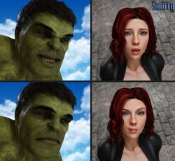  1boy 1boy1girl 1girls 3d avengers black_widow_(marvel) bodysuit cleavage curvy dark_hair female fit fit_female green-skinned_male green_body green_skin horny_female hulk hulk_(series) hulk_meme human light-skinned_female light_skin lips male male/female marvel marvel_cinematic_universe meme natasha_romanoff red_hair s.h.i.e.l.d. scarlett_johansson smitty34 straight superhero superheroine thick unzipped unzipped_bodysuit upper_body voluptuous 