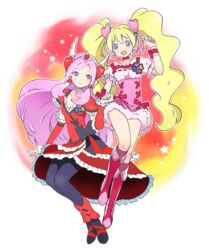  2girls :d blonde_hair boots bow butadon choker commentary_request cure_passion cure_peach fresh_precure! hair_ornament heart heart_hair_ornament higashi_setsuna holding_hands knee_boots long_hair momozono_love multiple_girls open_mouth pantyhose pink_bow pink_choker pink_eyes pink_footwear pink_hair pink_wrist_cuffs precure smile star_(symbol) twintails waist_bow wrist_cuffs 