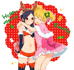  2girls :d alternate_costume arms_behind_back bare_shoulders bell blonde_hair blush bow butadon christmas closed_eyes commentary_request fresh_precure! gift hairband hand_on_another&#039;s_head happy higashi_setsuna horns hug merry_christmas midriff momozono_love multiple_girls navel open_mouth photoshop_(medium) pink_bow precure purple_hair red_eyes shorts smile snowman star_(symbol) thighhighs twintails yuri 