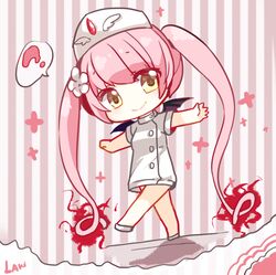  ? absurdly_long_hair artist_name bat_wings blush borrowed_character chibi commentary_request cui_pi_cha_tu ebola-chan female flower hair_flower hair_ornament hat long_hair nurse nurse_cap oerba_yun_fang original personification pink_hair short_sleeves smile solo spoken_question_mark striped striped_background twintails very_long_hair walking wings yellow_eyes 