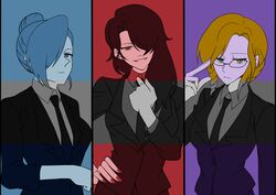  3girls absurdres blonde_hair cinder_fall color_connection commentary_request formal glasses glynda_goodwitch green_eyes hair_over_one_eye highres korean_commentary limited_palette misanim multiple_girls nail_polish necktie rwby suit winter_schnee 