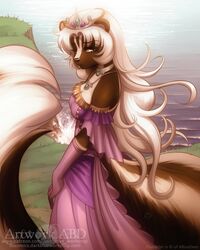  2018 4:5 abluedeer anthro bethellium black_body black_fur breasts cleavage clothed clothing digital_media_(artwork) dress female fur green_eyes hair hi_res katherine_(bethellium) long_hair mammal mephitid outside shaded skunk solo striped_skunk water white_body white_fur white_hair 