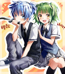  1boy akizuki_buranko ansatsu_kyoushitsu bad_id bad_pixiv_id blue_eyes blue_hair female green_hair kayano_kaede knife kunugigaoka_middle_school_uniform school_uniform shiota_nagisa short_hair short_twintails translated twintails yellow_eyes 