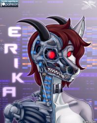  anatomy android bared_teeth bust_portrait canid canine collar countershading cross_section digital_media_(artwork) erika_(disambiguation) glowing glowing_eyes hair hi_res horn libra-11 machine mammal nude portrait programming red_eyes red_hair robot solo text text_background white_body white_countershading 