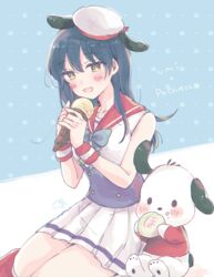  :d animal_ears artist_name baozi blue_bow blue_bowtie blue_hair blush bow bowtie buttons canine character_name commentary_request crossover dog_ears double-breasted eating female food food_on_face hat holding holding_food ice_cream ice_cream_cone kudo_(low_temp) long_hair love_live! love_live!_school_idol_project open_mouth pale_color pleated_skirt pochacco polka_dot polka_dot_background red_sailor_collar sailor_collar sanrio school_uniform serafuku sitting skirt smile sonoda_umi white_skirt yellow_eyes 